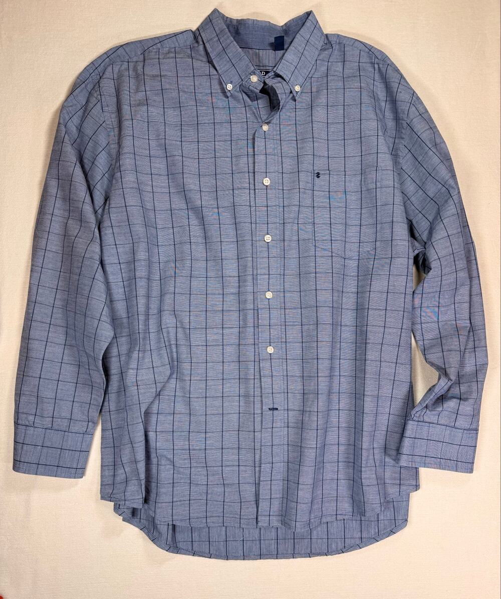 IZOD Men’s XXL Blue Windowpane Plaid Cotton Button Down Shirt Long Sleeve